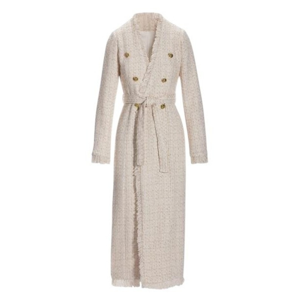 Boston Proper 8 Tweed Metallic Tie Waist‎ Duster Off White/Gold Fringe Longline
